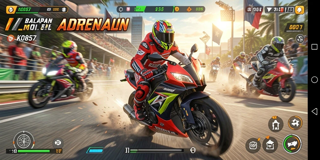 Tampilan gameplay KO857 dengan motor balap tercepat di trek.