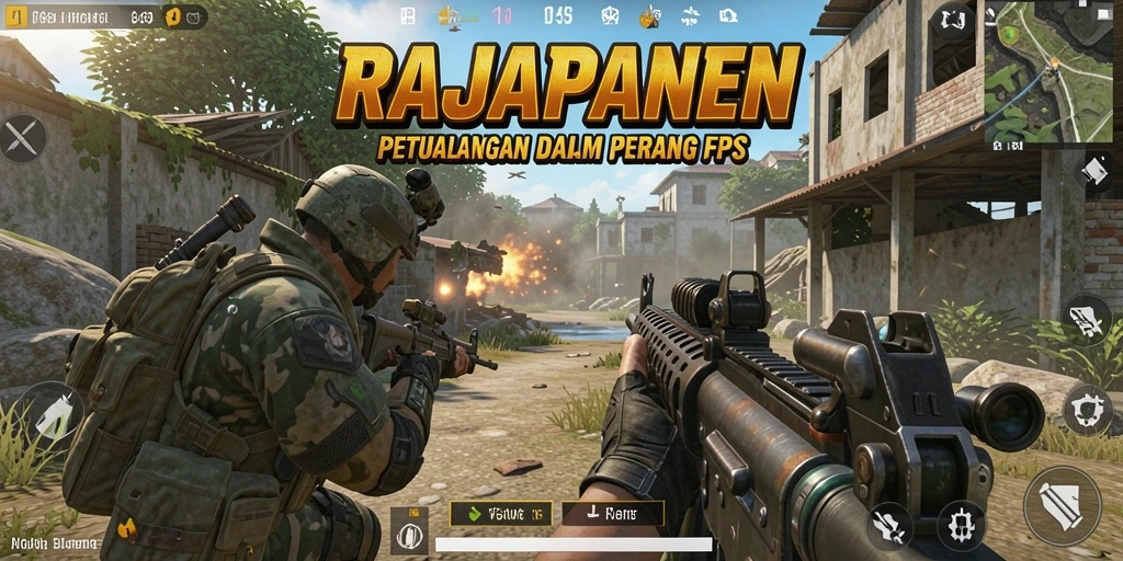 Tampilan aksi mendebarkan dalam permainan RAJAPANEN FPS.