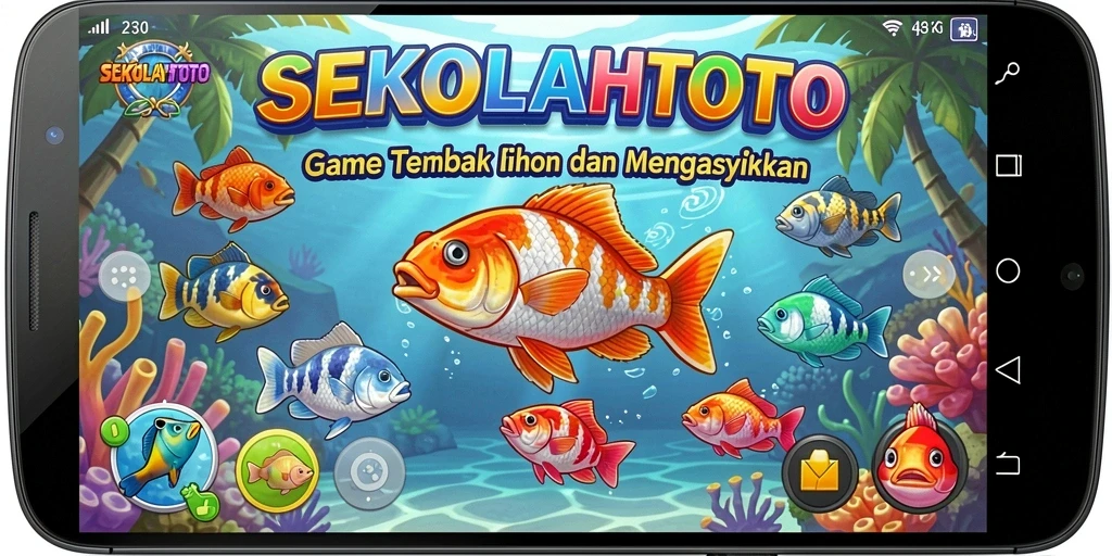 Tampilan gameplay SEKOLAHTOTO dengan aksi menembak ikan yang seru.