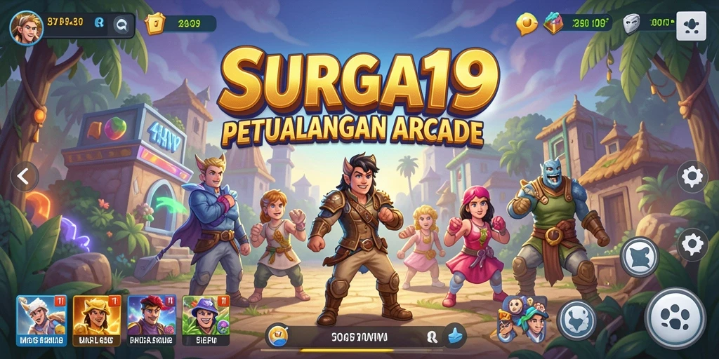 Screenshot utama SURGA19 menampilkan gameplay seru dengan berbagai karakter.