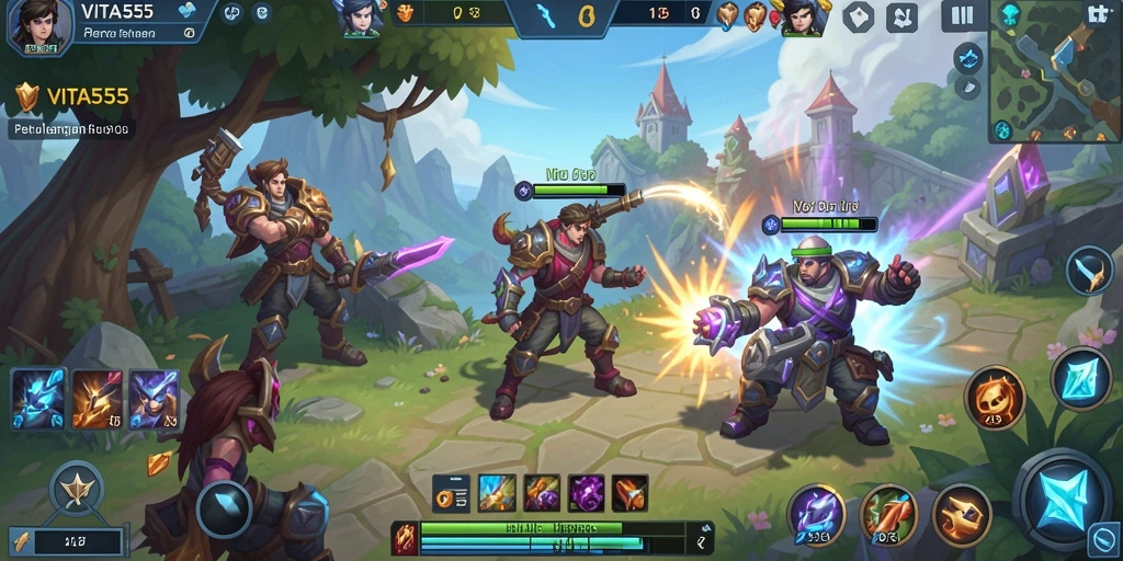 Gameplay seru VITA555 dengan pertarungan epik antar hero.